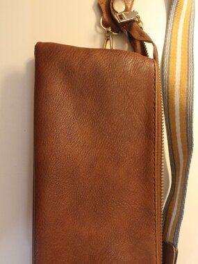 Jen & Co. Cognac Zip Crossbody Bag with Yellow Striped Strap